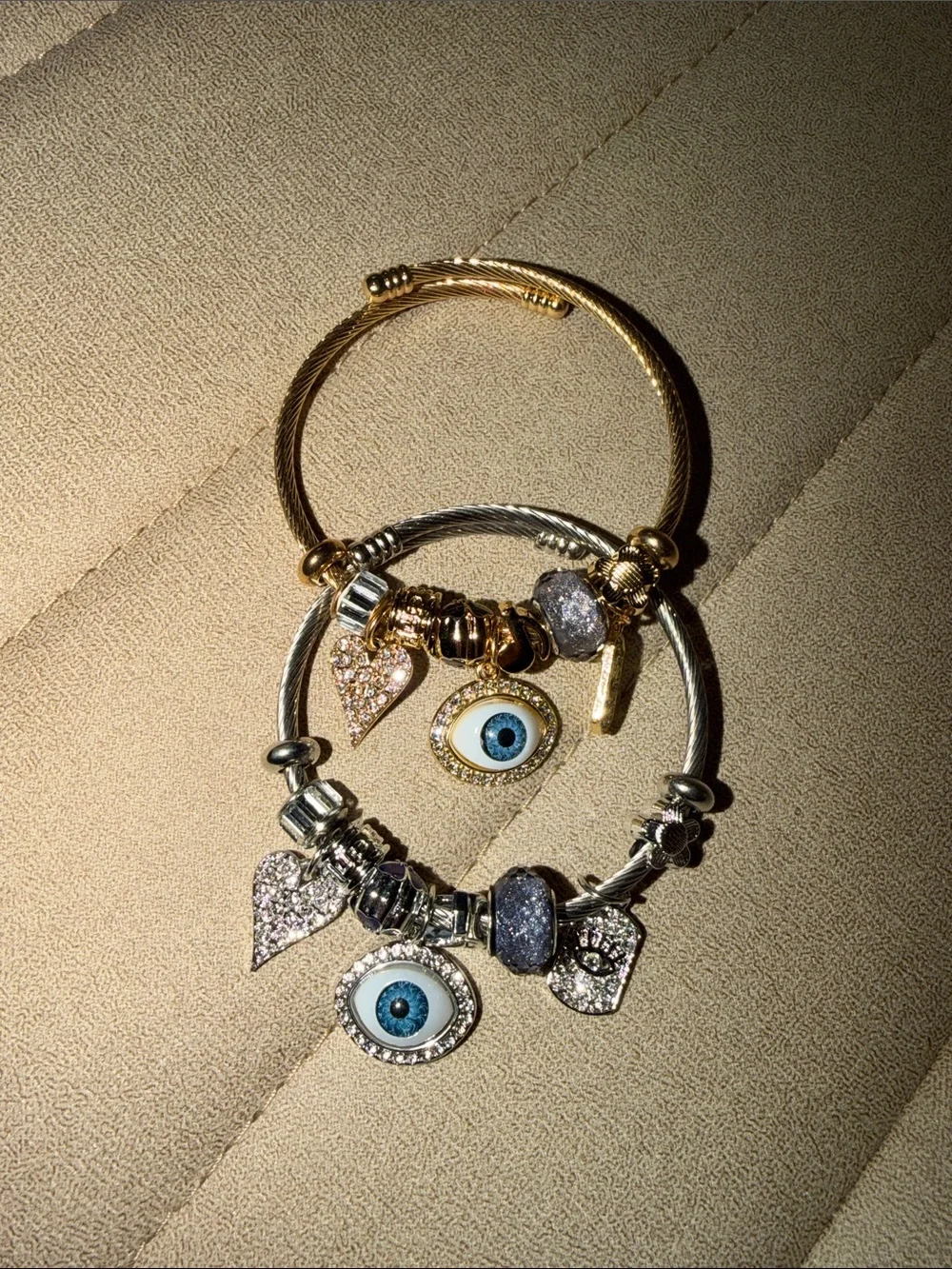 Gold & Silver Evil Eye Charm Bracelets with Blue Eye Accents